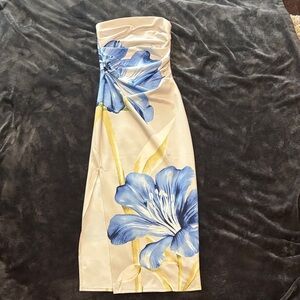 Floral Strapless Dress with Blue and Cream Design